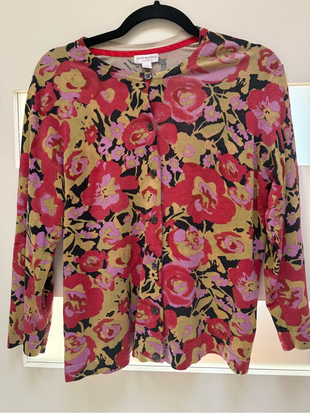 Isaac Mizrahi Floral Button-Front Top in Red, Pink, Light-Green and Black